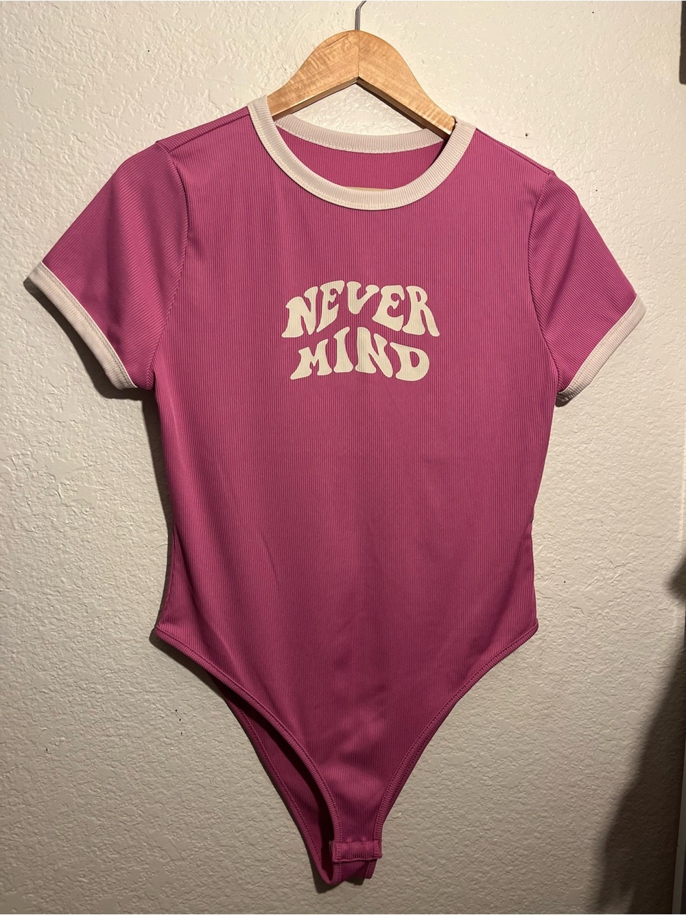 SHEIN Pink 'NEVER MIND' Ringer Bodysuit with Cream Trim
